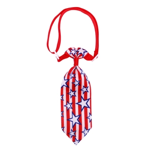 Detail of USA flag pet tie with stars and stripes pattern and white plastic buckle