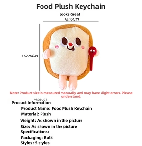 Plush toast keychain detail showing 8.5x10.5cm size and cute smiling face embroidery