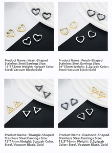 Detail view of heart and geometric shaped stainless steel hoop earrings in three finishes