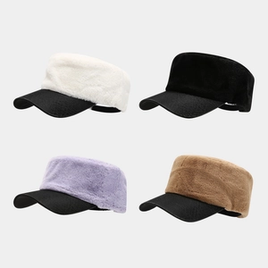 Casquette Gavroche En Fausse Fourrure Peluche Avec Visière En Cuir PU Hiver Chaud Bonnet Marin Plat Pour Femme Mode