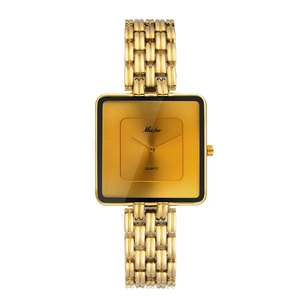 Elegant gold square quartz watch for women with a sleek black dial and link bracelet