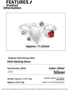Detailed spec view of S925 sterling silver ring with heart opal and color zircons