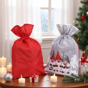 Christmas burlap drawstring gift bags with gnome pattern and snowflake designs
