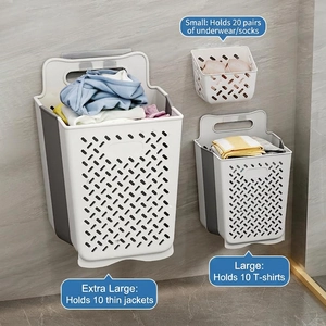 Wall-mounted foldable laundry baskets in three sizes with breathable mesh design
