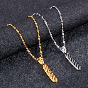 Hip hop style comb pendants in gold and silver steel finishes with twist chains