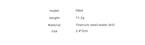 Specifications of F864 earrings showing 11.2g weight and 2.4x2cm titanium steel size
