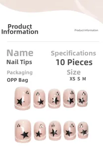 Detail showing 10-piece pink cat eye press-on nails with star rhinestones and size chart