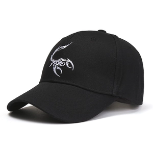 Classic black cotton baseball cap with white scorpion embroidery and curved brim