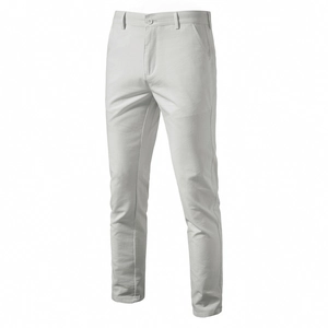 Detailed view of light grey slim straight casual cotton pants with smooth twill texture