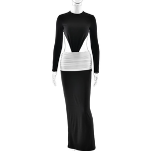 Slim fit long sleeve cutout dress with black and white color blocking and waist ruffles