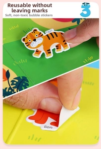 Detail showing reusable animal bubble stickers with 3D tiger and lion cartoon designs