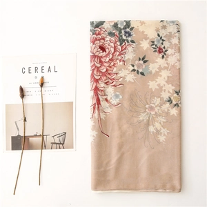 Vintage floral linen-feel scarf with red chrysanthemum print on beige background