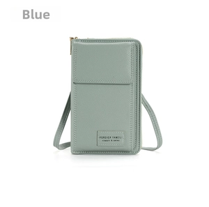 Detail of blue PU leather crossbody phone bag showing litchi texture and front pocket