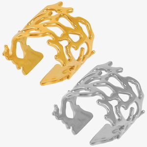 Irregular hollow open rings for women in polished gold and silver stainless steel
