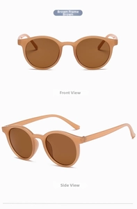 Front and side views of vintage round brown sunglasses with matching tinted lenses