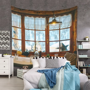 Winter forest view tapestry with vintage window and deer ornaments for wall decor