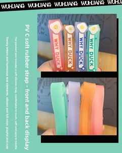 Détail macro de la sangle en PVC pour porte-clés canard avec texte et motif d'œuf