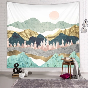 Detailed view of large abstract landscape tapestry featuring forest and sun on a brick wall