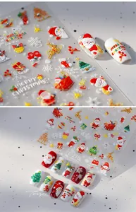 Detailed macro view of 5D embossed Christmas nail art stickers with Santa and reindeer motifs