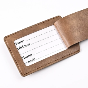 Brown PU leather luggage tag with transparent window and paper information card detail