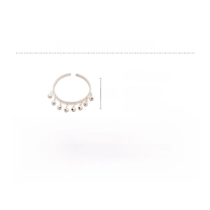 Détail du bracelet ouvert argenté avec cloches affichant les dimensions et les matériaux