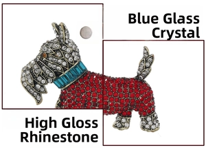 Detail of Scottish Terrier brooch with red rhinestones and a blue glass collar