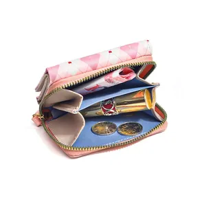 Women's pink heart quilted bi-fold short wallet with large capacity and zip closure