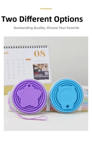 Compact folded silicone cup with purple star base and integrated lanyard for travel