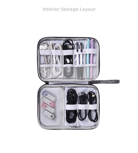 Vista interna dell'organizer elettronico grigio con cinghie elastiche e tasche a rete