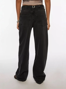 Women's high waist wide leg jeans in washed black featuring a loose fit and back pockets