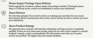 Customer service information regarding return policies and feedback for jewelry shop