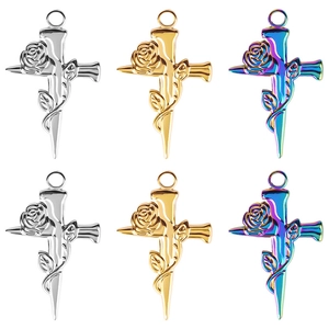 304 Stainless Steel Rose Cross Pendant Necklace Gothic Vintage Religious Jewelry For Women 18K Gold Vacuum Plated