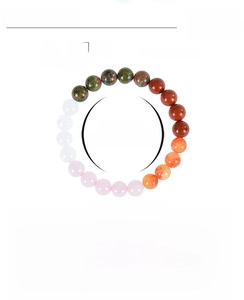 Macro shot of 8mm sunstone and rose quartz fertility beads on an elastic bracelet