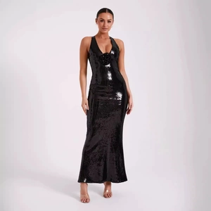 Sexy backless sequin maxi dress with halter neckline and 3D floral accent in black