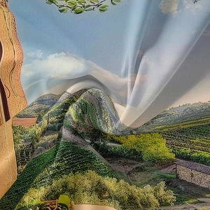 Detailed close-up of bohemian landscape tapestry showing soft fabric texture and vineyard print