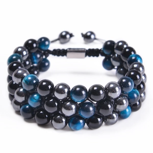 Three-layer blue tiger eye and obsidian beaded bracelet with adjustable woven cord