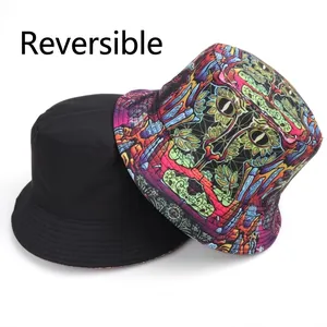 Reversible bucket hat featuring solid black side and vibrant psychedelic graphic print