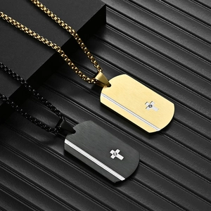 Minimalist dog tag pendant necklaces in black and gold with a cross and gemstone inlay