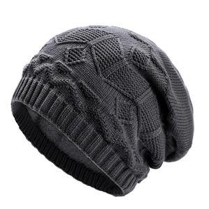 Dark grey knitted beanie with geometric diamond patterns and thick white fleece lining