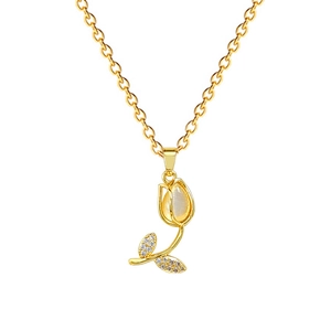 Elegant gold tulip pendant necklace with cat-eye stone and sparkling zircon details