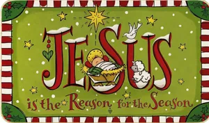 Macro detail of Christmas Jesus door mat with green background and candy cane border