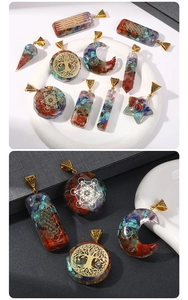 Macro shot of colorful crystal chip resin pendants in multiple geometric shapes