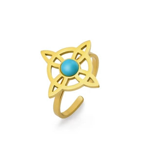 Adjustable stainless steel ring with turquoise gemstone and star-shaped geometric design