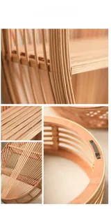 Detailed macro view of handmade bamboo wall shelf showing woven grid and metal hanger hook