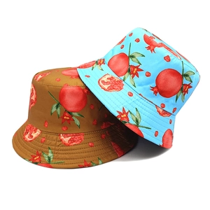 Blue and brown pomegranate print bucket hats for sun protection in summer