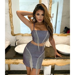 Sparkly purple two-piece set with silver tassels featuring a crop top and mini skirt