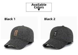 Detail view of winter wool baseball caps in charcoal grey and black textured fabric