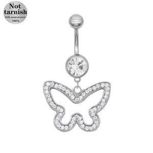 Detail of 316L surgical steel belly button ring with butterfly zircon pendant