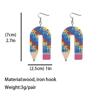U-shaped wooden earrings with puzzle pattern print, 7cm drop length with metal hooks