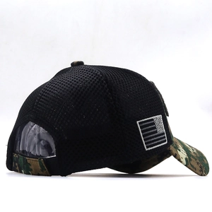 Detail of tactical baseball cap showing breathable mesh and US flag embroidery patch